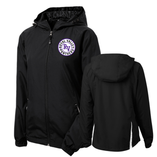 Women’s black colorblock hooded raglan jacket featuring Royal Valley Panthers RV logo on front chest and solid black back, full zip closure and long sleeves.