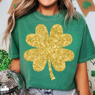Green graphic tee featuring a large faux gold glitter shamrock design, St. Patrick’s Day shirt for women, festive Irish holiday graphic top