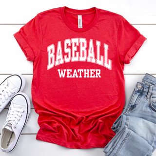 Baseball Weather Top styled with white sneakers and blue denim jeans flat lay on white background