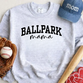 Ballpark Mama grey crewneck sweatshirt styled with baseball glove, bat, and mom hat