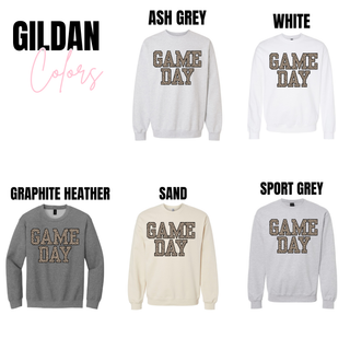Leopard Game Day graphic sweatshirt Gildan color options: Ash Grey, White, Graphite Heather, Sand, Sport Grey