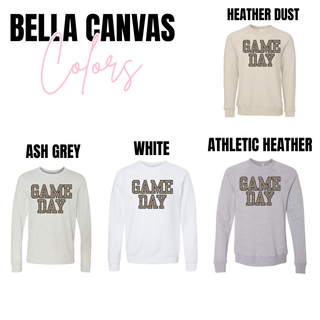 Leopard Game Day graphic sweatshirt Bella Canvas color options: Heather Dust, Ash Grey, White, Athletic Heather