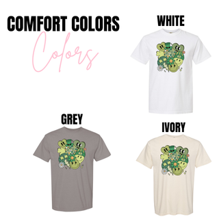 Lucky shamrock smiley graphic tee Comfort Colors color options: White, Grey, Ivory