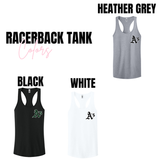 Ace’s Baseball women’s racerback tank color options in heather grey, black, and white