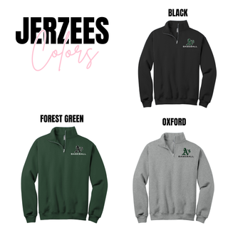Color chart showing Ace’s Baseball Quarter Zip Cadet Collar Pullover available in black, forest green, and oxford, each featuring A’s logo with BASEBALL underneath on the left chest.