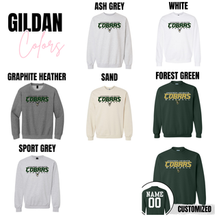 Jackson Heights Cobras Baseball Gildan tops and crewnecks in ash grey, white, graphite heather, sand, sport grey, and forest green with custom name and number option