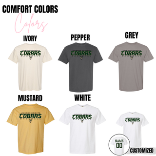 Jackson Heights Cobras Baseball Comfort Colors tops in ivory, pepper, grey, mustard, and white