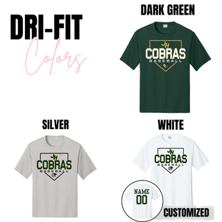 Jackson Heights Cobras Baseball Home Plate Dri-Fit performance shirts in dark green, silver, and white with custom name and number option