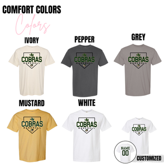 Jackson Heights Cobras Baseball Home Plate Logo Comfort Colors T shirt color options including ivory, pepper, grey, mustard, and white with custom name and number option