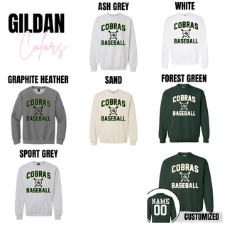 Jackson Heights Cobras Baseball Cross Bats Top Gildan crewneck sweatshirt color options with optional custom name and number on back