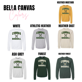 Jackson Heights Cobras Baseball Cross Bats Top Bella Canvas apparel options in white, athletic heather, heather mustard, heather dust, ash grey, forest, and heather forest