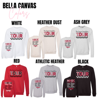 Madhouse Dance Company Dance Grandma Tour Bella Canvas crewneck sweatshirts in white, heather dust, ash grey, red, athletic heather, and black with matching tour back design