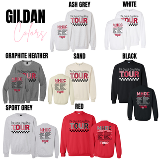 Madhouse Dance Company Dance Grandma Tour Gildan crewneck sweatshirts in ash grey, white, graphite heather, sand, black, sport grey, and red with front and back print