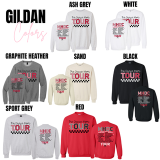 Madhouse Dance Company Dance Mom Tour Gildan crewneck sweatshirts in ash grey, white, graphite heather, sand, sport grey, red, and black with front and back design