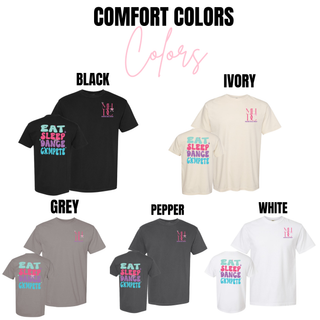 Comfort Colors t shirt color options for Madhouse Dance Company Eat Sleep Dance Compete Easter design in black, ivory, grey, pepper, and white