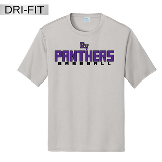 Royal Valley Panthers Baseball Dugout Dri Fit Performance Top silver moisture wicking athletic shirt with RV Panthers baseball lettering for Royal Valley Panthers baseball spirit wear
