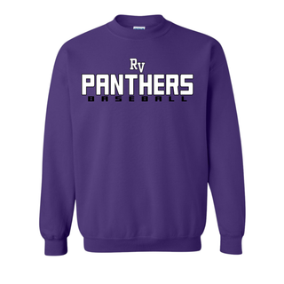 Royal Valley Panthers Baseball Dugout Top purple crewneck sweatshirt featuring RV Panthers baseball lettering for Royal Valley Panthers spirit wear and school baseball apparel