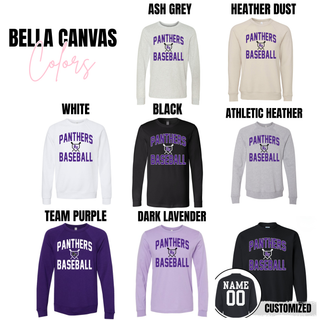 Royal Valley Panthers Baseball Home Plate Spirit Top Bella Canvas long sleeve and crewneck options featuring Panthers baseball lettering and RV home plate logo
