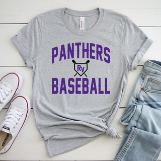 Royal Valley Panthers Baseball Home Plate Spirit Top gray Panthers baseball shirt with RV home plate logo styled flat lay with jeans and sneakers for Royal Valley Panthers spirit wear