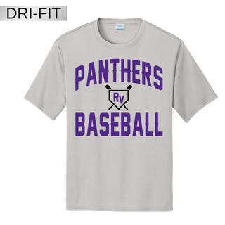 Royal Valley Panthers Baseball Dri Fit Performance Top silver performance shirt with Panthers baseball lettering and RV home plate logo for Royal Valley Panthers baseball fans