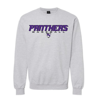 Royal Valley Panthers Baseball Varsity Top purple crewneck sweatshirt with Panthers baseball lettering and RV logo for Royal Valley Panthers baseball spirit wear
