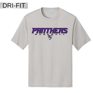 Royal Valley Panthers Baseball Varsity Dri Fit Performance Top silver performance shirt with purple Panthers baseball lettering and RV logo for Royal Valley Panthers baseball spirit wear