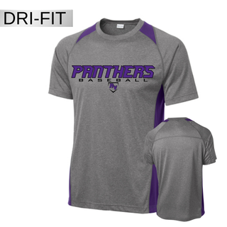 Royal Valley Panthers Baseball Varsity Contender Dri Fit Tee grey performance shirt with purple side panels and Panthers baseball lettering with RV logo for Royal Valley Panthers baseball spirit wear