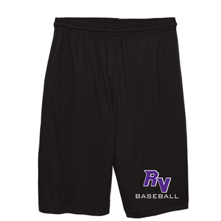 Royal Valley Panthers Baseball Performance Shorts black athletic shorts with RV baseball logo printed on leg for Royal Valley Panthers spirit wear
