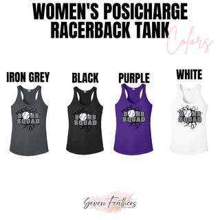 Color chart for the Bomb Squad dark grey softball logo Women's PosiCharge Racerback tank in Iron Grey, Black, Purple, and White