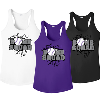Bomb Squad dark grey softball logo Women's PosiCharge Racerback tank shown in White, Purple, and Black