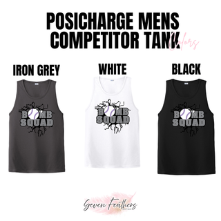 Bomb Squad dark grey softball logo Men's PosiCharge Competitor tank shown in Iron Grey, White, and Black