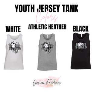 Color chart for the Bomb Squad dark grey softball logo youth jersey tank in White, Athletic Heather Grey, and Black