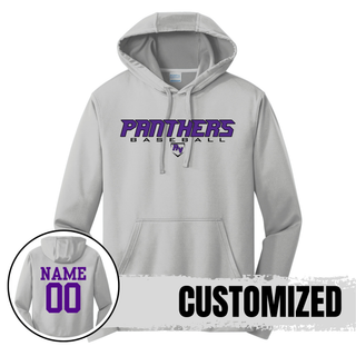 Royal Valley Panthers Baseball Varsity Performance Hoodie grey customizable hoodie with Panthers Baseball RV logo and optional name and number for Royal Valley Panthers baseball spirit wear