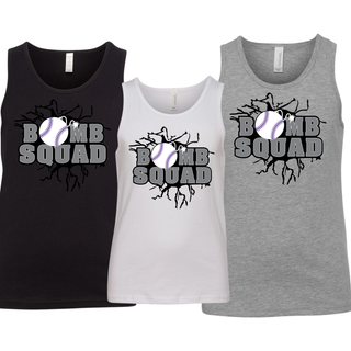 Bomb Squad dark grey softball logo youth jersey tank shown in White, Athletic Heather Grey, and Black