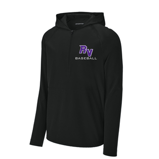 Royal Valley Panthers Baseball Long Sleeve Performance Hooded Quarter Zip black athletic pullover hoodie with RV baseball logo for Royal Valley Panthers baseball spirit wear