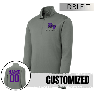 Royal Valley Panthers Baseball Long Sleeve Dri Fit Quarter Zip grey customizable athletic pullover with RV baseball logo and optional name and number for Royal Valley Panthers baseball spirit wear