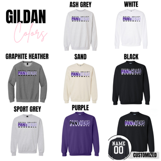 Royal Valley Panthers Baseball Legacy Top Gildan crewneck available in ash grey, white, graphite heather, sand, black, sport grey, and purple with Panthers baseball graphic.