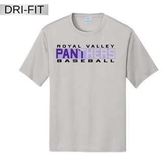 Royal Valley Panthers Baseball Legacy Performance Top silver dri fit athletic shirt with Royal Valley Panthers Baseball graphic across the chest.