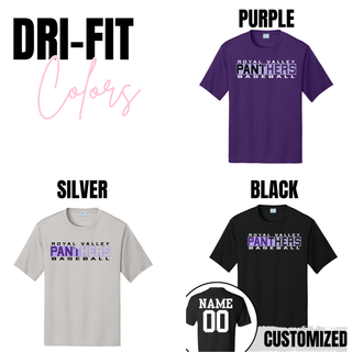 Royal Valley Panthers Baseball Legacy Performance Top dri fit athletic shirt available in purple, silver, and black with Royal Valley Panthers Baseball graphic and optional name and number customization.