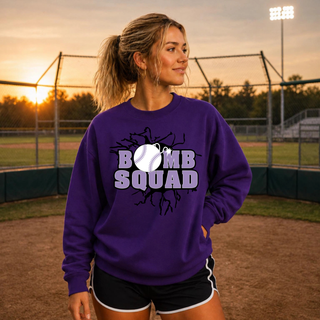 Bomb Squad lavender softball logo crewneck sweatshirt in Purple, shown on model