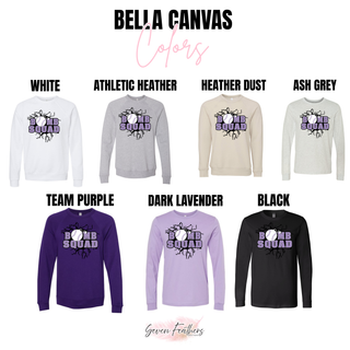 Bella Canvas color options for the Bomb Squad lavender softball logo top: White, Athletic Heather, Heather Dust, Ash Grey, Team Purple, Dark Lavender, and Black