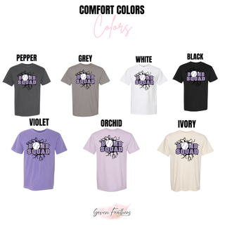 Comfort Colors options for the Bomb Squad lavender softball logo top: Pepper, Grey, White, Black, Violet, Orchid, and Ivory