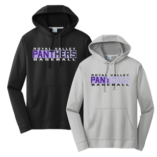 Royal Valley Panthers Baseball Legacy Performance Hoodie available in black and silver featuring Royal Valley Panthers Baseball graphic across the chest.