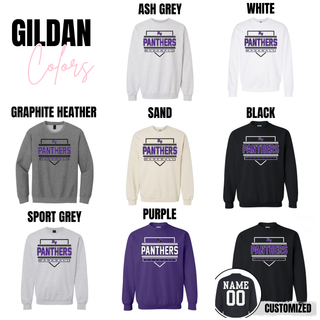 Royal Valley Panthers Baseball Stitched Diamond Legacy Top Gildan crewneck sweatshirt available in ash grey, white, graphite heather, sand, black, sport grey, and purple with optional name and number customization.
