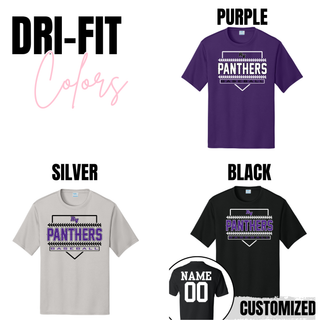 Royal Valley Panthers Baseball Stitched Diamond Legacy Performance Top dri fit athletic shirt available in purple, silver, and black with stitched diamond Panthers baseball graphic and optional name and number customization.