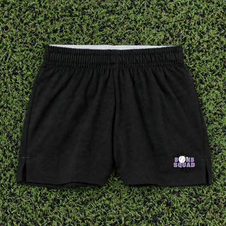 Bomb Squad Lavender Softball Logo Jersey Knit Squad Shorts in Black, flat lay