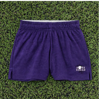 Bomb Squad Lavender Softball Logo Jersey Knit Squad Shorts in Purple, flat lay