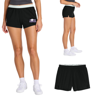 Bomb Squad Lavender Softball Logo Jersey Knit Squad Shorts in Black, on model