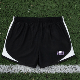 Bomb Squad Lavender Softball Logo Women's Cadence Performance Shorts in Black with White trim, flat lay
