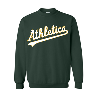 Topeka Athletics Baseball script legacy top forest green crewneck sweatshirt with Athletics script graphic across chest